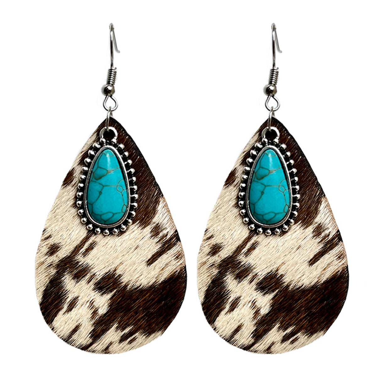 Light Brown Polystyrene and Turquoise Cow-Print Teardrop Earrings, drop earrings for women, side view