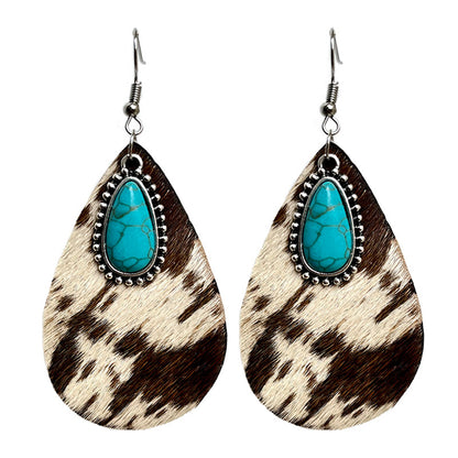 Light Brown Polystyrene and Turquoise Cow-Print Teardrop Earrings, drop earrings for women, side view