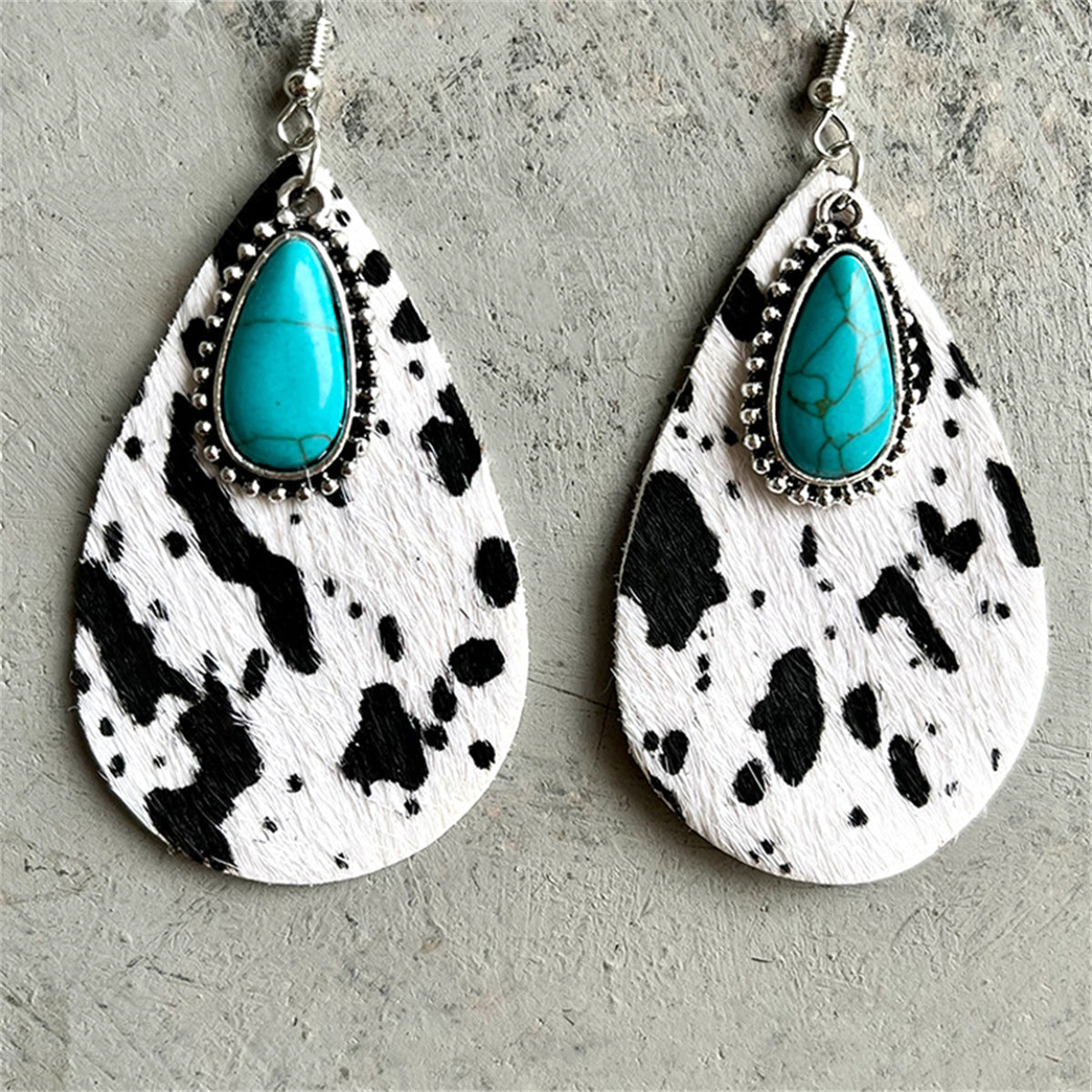White Polystyrene and Turquoise Leopard Drop Earrings, drop earrings for women, vintage-inspired design, front view