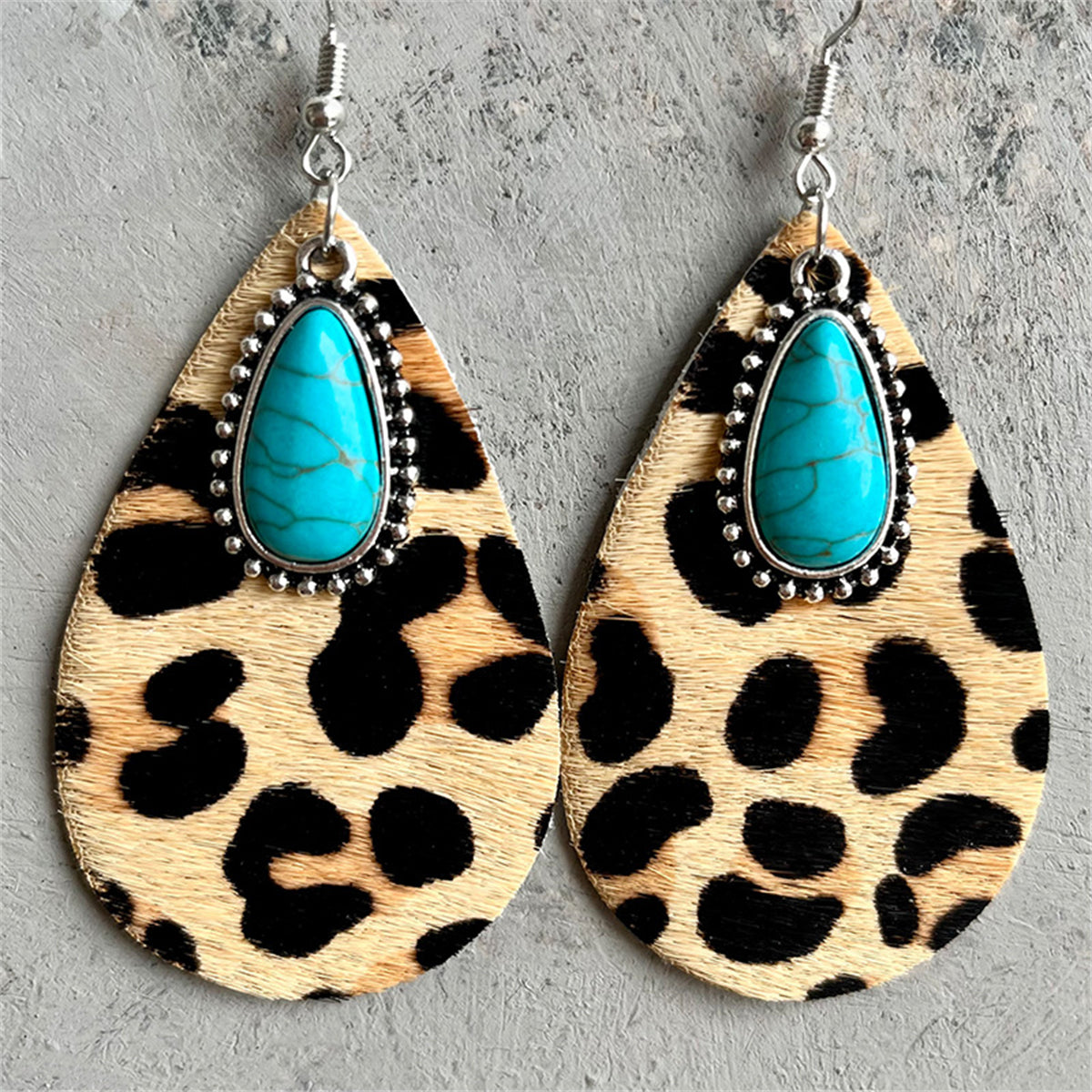Yellow Polystyrene and Turquoise Leopard Drop Earrings, drop earrings for women, everyday style, front view