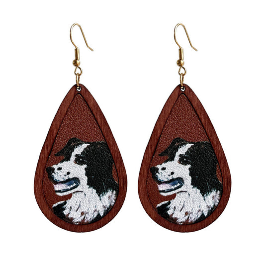 Brown and Black Dog Wood Teardrop Earrings, drop earrings for women, vintage-inspired design, front view