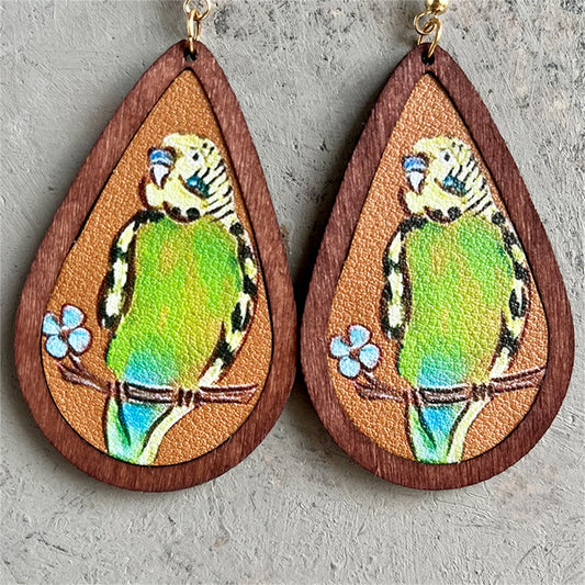 Green and Brown Parakeet Wood Teardrop Earrings, drop earrings for women, vintage-inspired design, front view