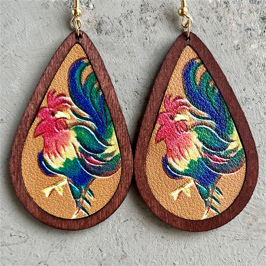 Brown and Green Rooster Wood Teardrop Earrings, drop earrings for women, botanical inspired, front view