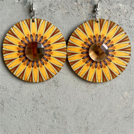 Yellow Wood and Crystal Flower Round Drop Earrings, drop earrings for women, everyday style, front view