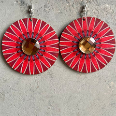 Crystal & Red Flower Round Drop Earrings