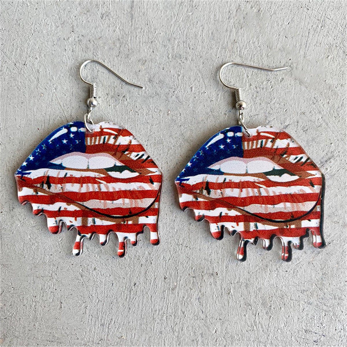 Red Acrylic and Silver-Plated American Flag Lips Drop Earrings, silver drop earrings for women, front view