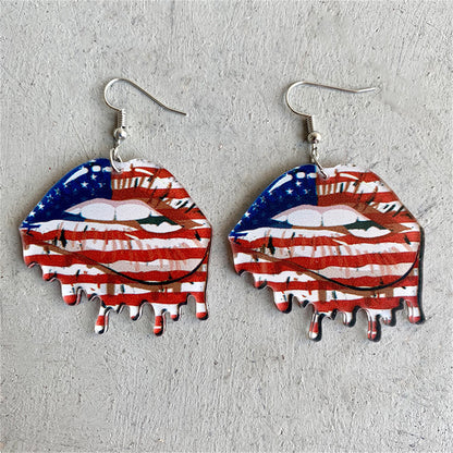Red Acrylic and Silver-Plated American Flag Lips Drop Earrings, silver drop earrings for women, front view