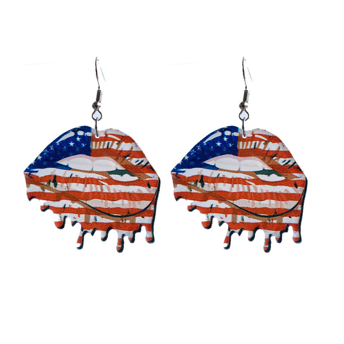Red Acrylic and Silver-Plated American Flag Lips Drop Earrings, silver drop earrings for women, side view