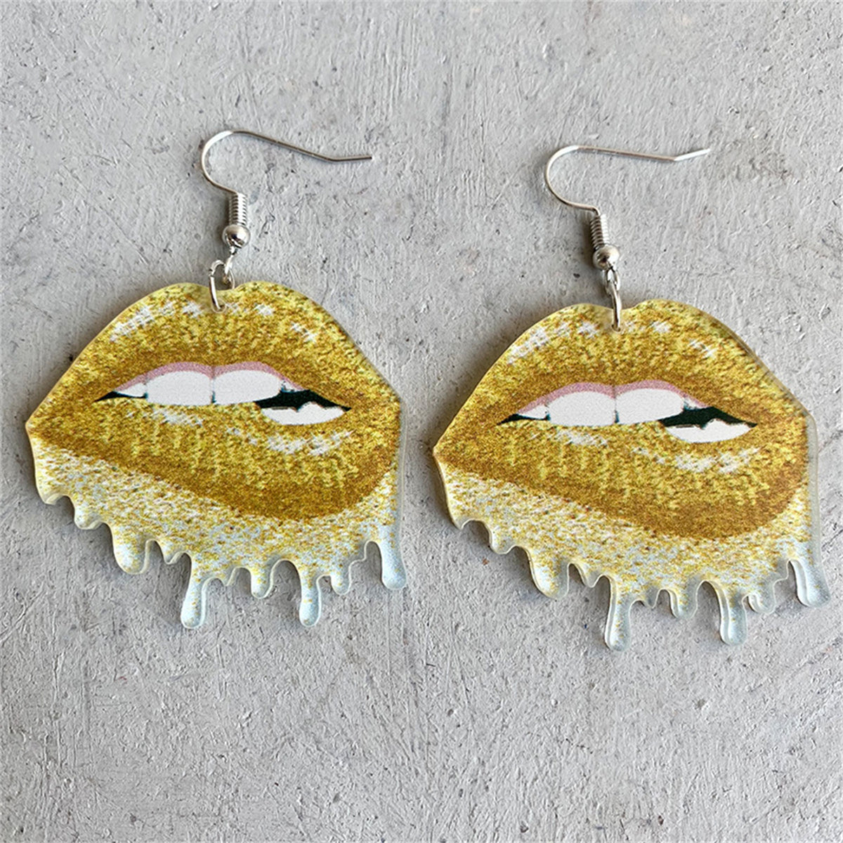 Yellow Glitter-Print Lip Bite Drop Earrings, drop earrings for women, botanical inspired, front view
