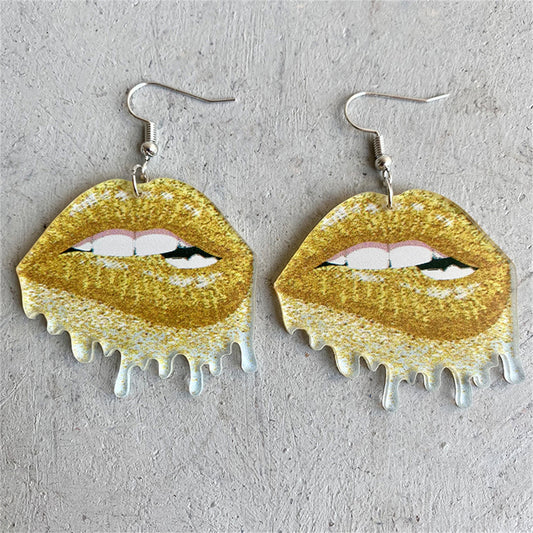 Yellow Glitter-Print Lip Bite Drop Earrings, drop earrings for women, botanical inspired, front view