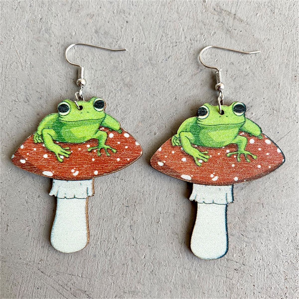 Brown Multicolor Wood and Silver-Plated Frog Mushroom Drop Earrings, silver drop earrings for women, front view