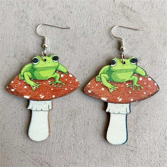 Brown Multicolor Wood and Silver-Plated Frog Mushroom Drop Earrings, silver drop earrings for women, front view