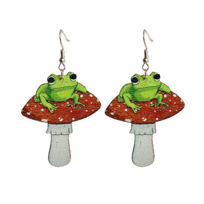 Brown Multicolor Wood and Silver-Plated Frog Mushroom Drop Earrings, silver drop earrings for women, side view