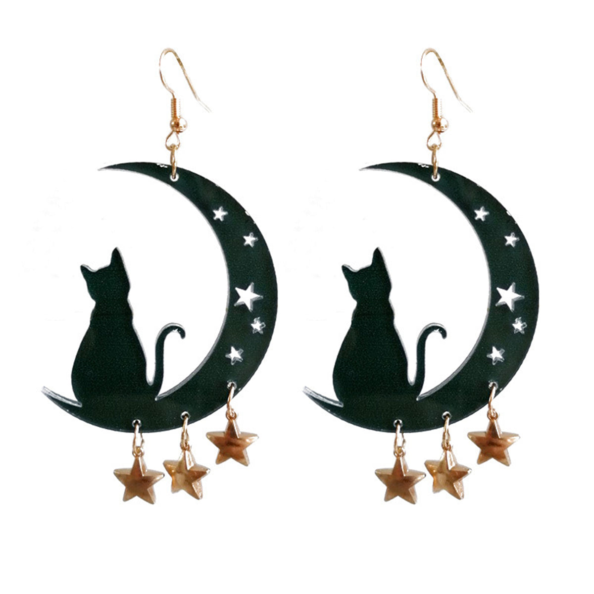 Black and 18K Gold-Plated Moon and Star Cat Drop Earrings, gold drop earrings for women, botanical inspired, front view