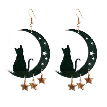 Black and 18K Gold-Plated Moon and Star Cat Drop Earrings, gold drop earrings for women, botanical inspired, front view