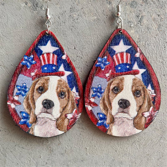 Blue Multicolor Wood and Silver-Plated Dog Drop Earrings, silver drop earrings for women, everyday style, front view