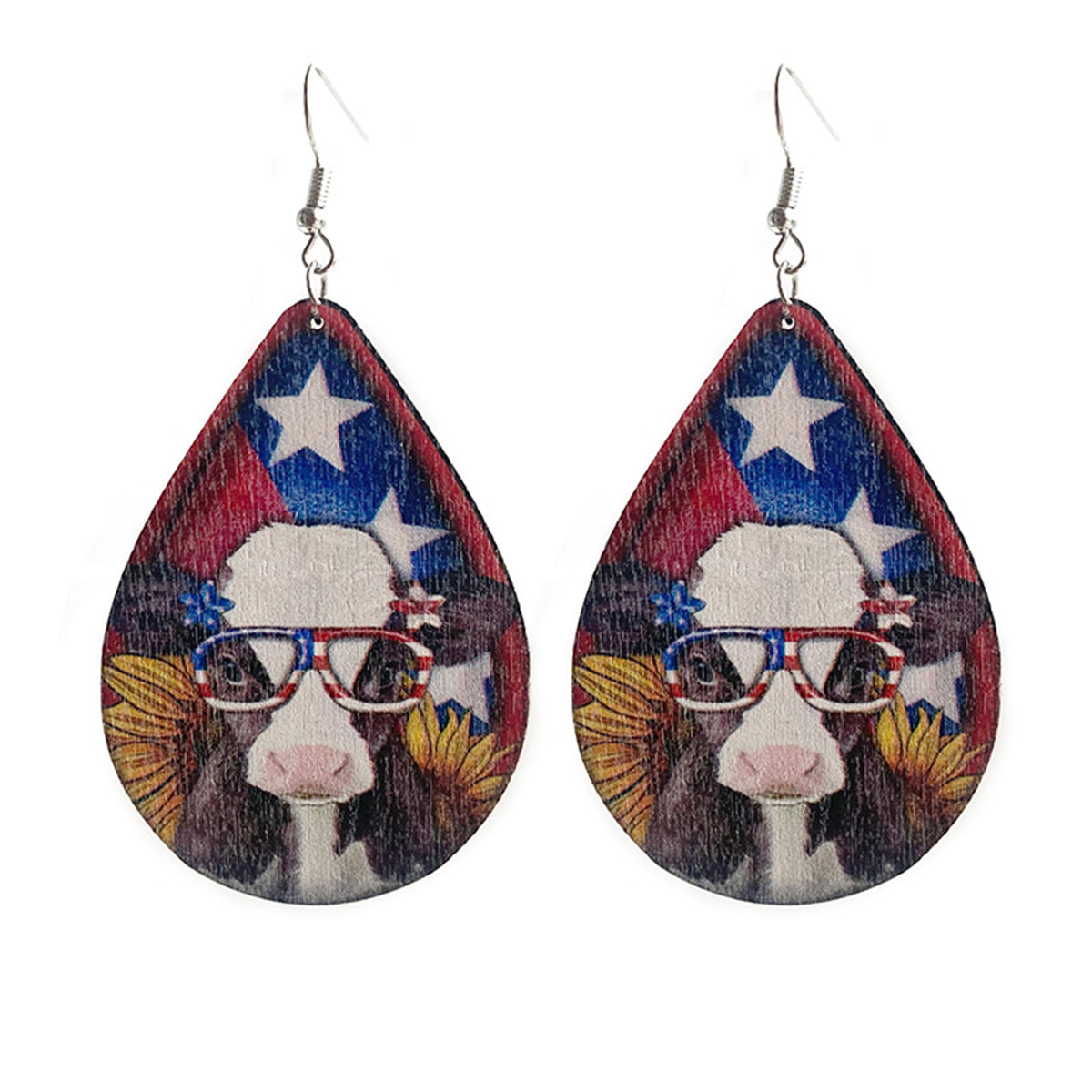 Blue Multicolor Wood & Silver-Plated Cow Drop Earrings
