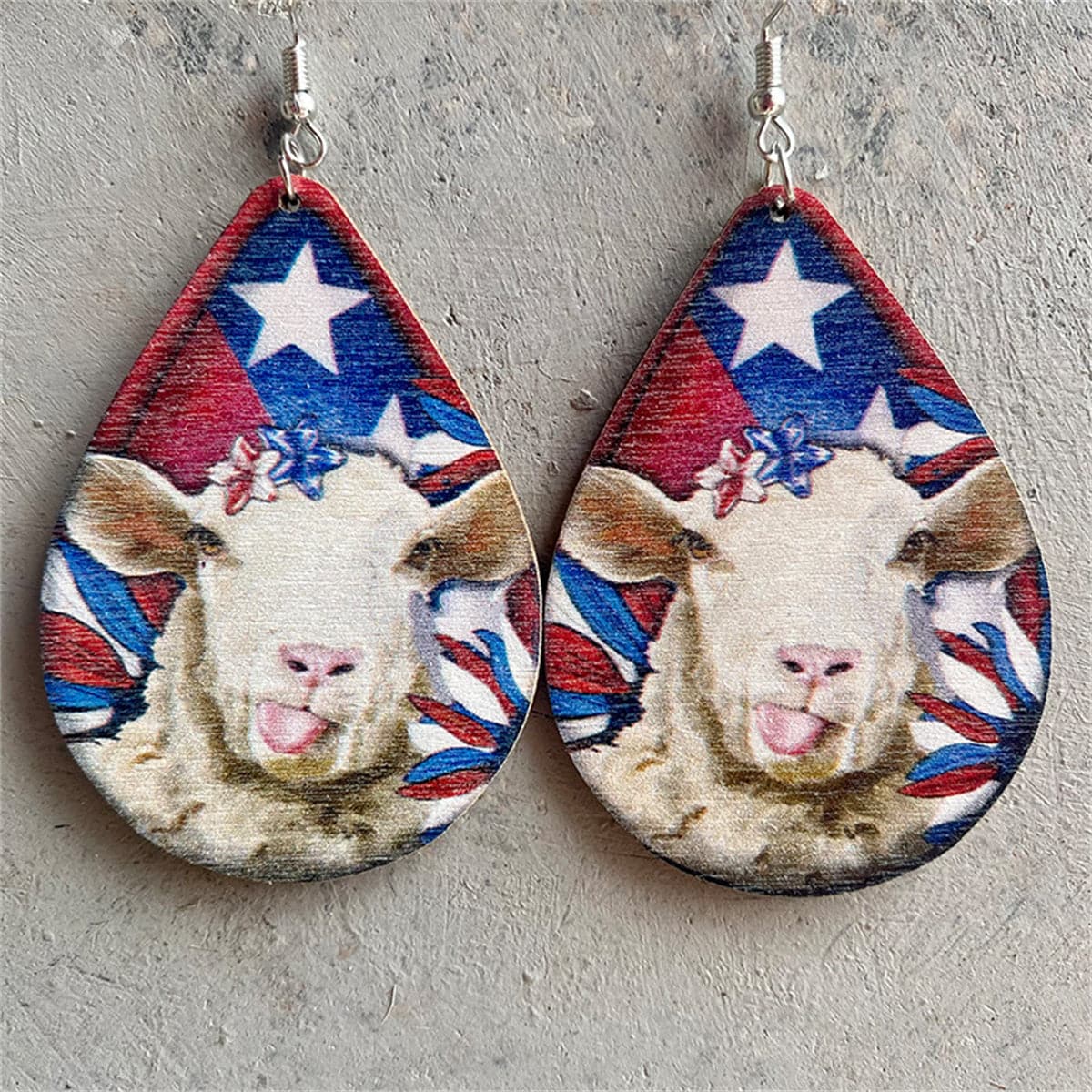 Red & White Stars & Stripes Sheep Teardrop Earrings