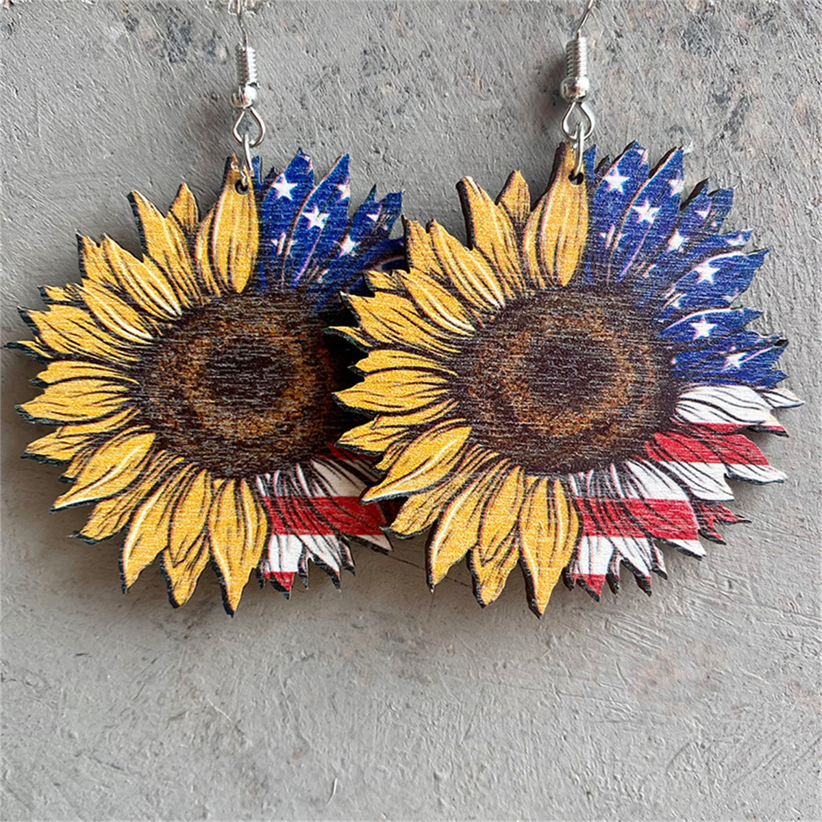 Yellow Multicolor Wood and Silver-Plated Americana Mum Drop Earrings, silver drop earrings for women, front view