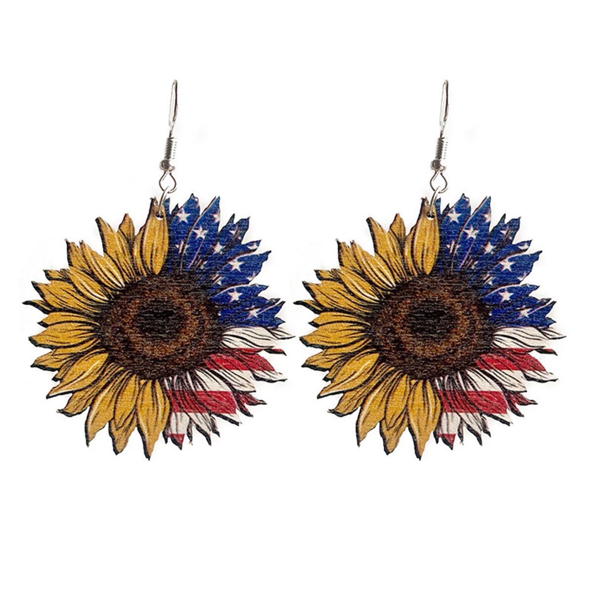 Yellow Multicolor Wood and Silver-Plated Americana Mum Drop Earrings, silver drop earrings for women, side view
