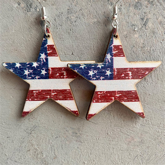 Red Multicolor Wood and Silver-Plated Americana Star Drop Earrings, silver drop earrings for women, front view