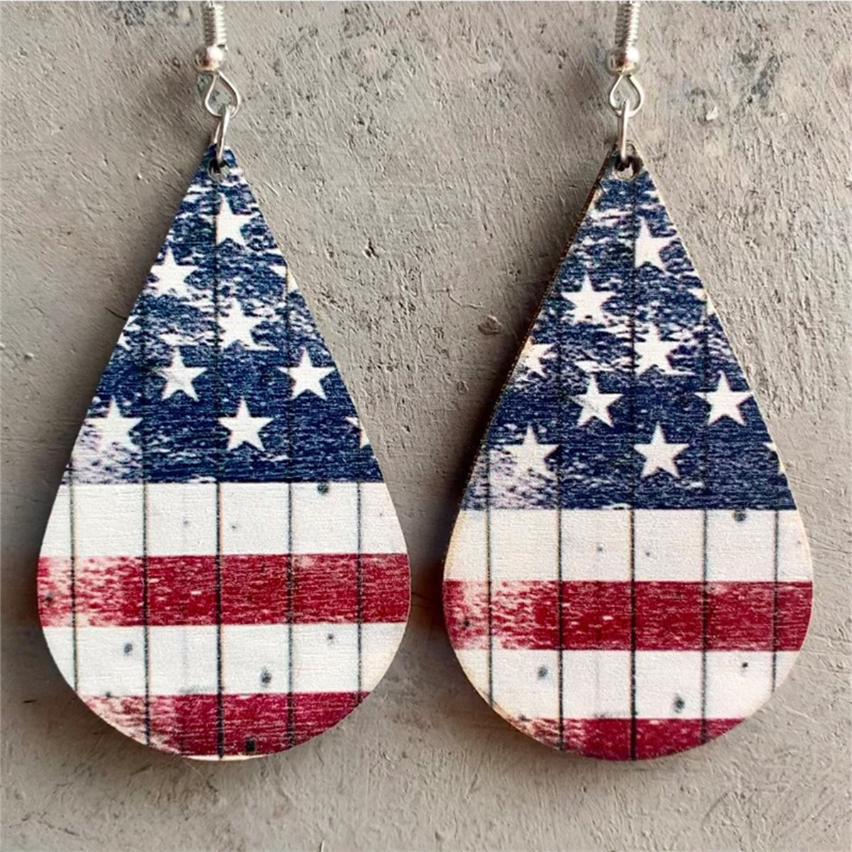 Red Multicolor Wood and Silver-Plated Americana Drop Earrings, silver drop earrings for women, everyday style, front view