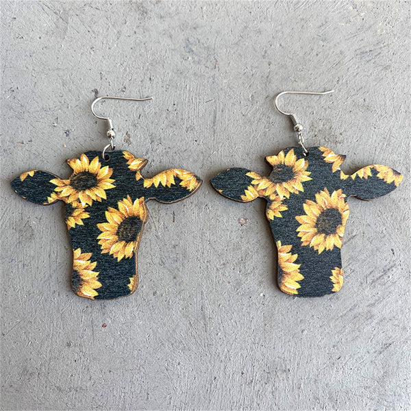 Black & Yellow Sunflower Cow Wood Drop Earrings
