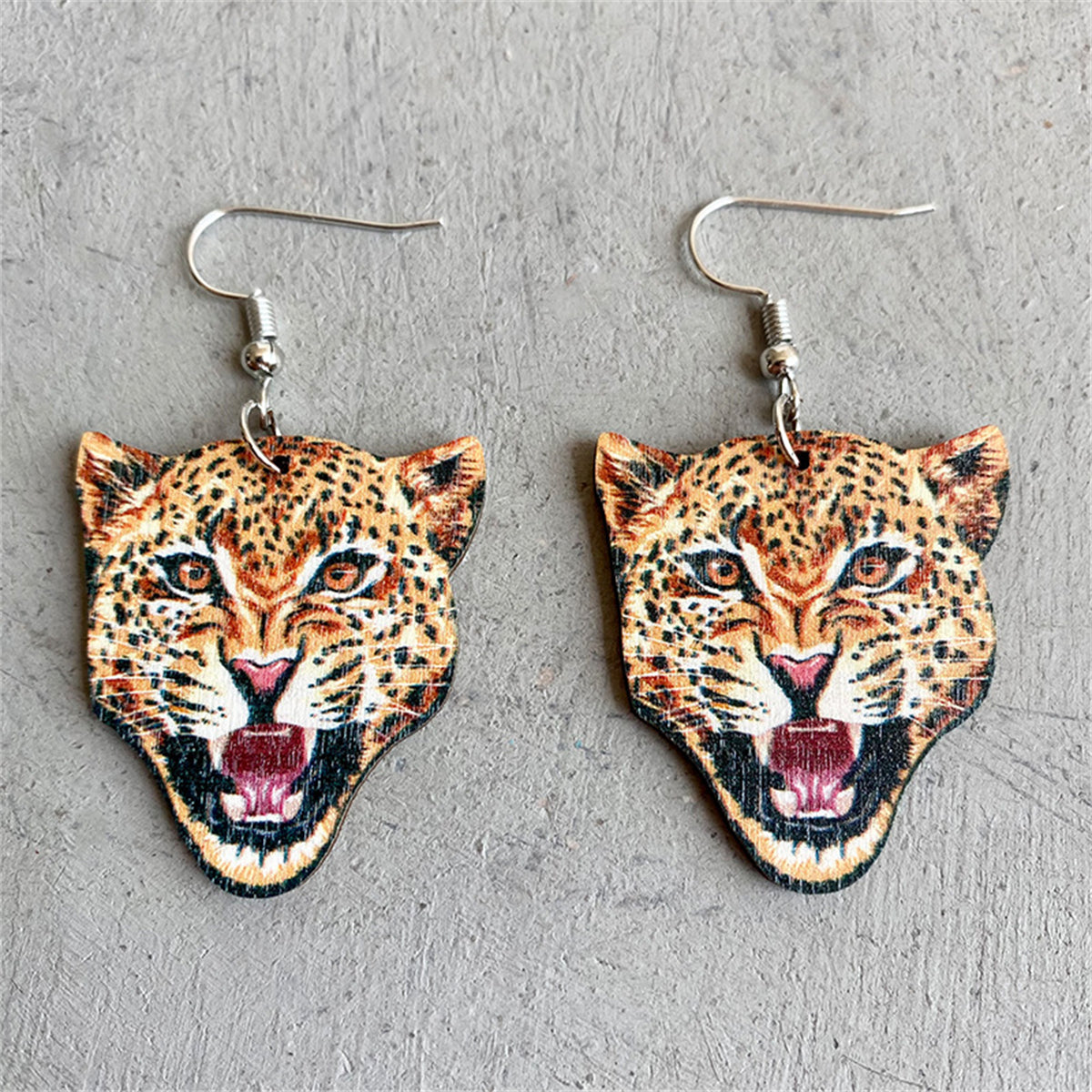 Orange Wood & Silver-Plated Leopard Drop Earrings