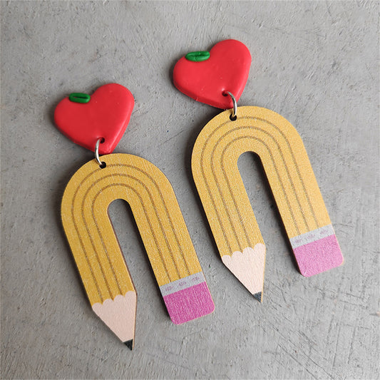 Yellow Wood and Silver-Plated Heart Pencil Drop Earrings, silver drop earrings for women, elegant gift for her, front view