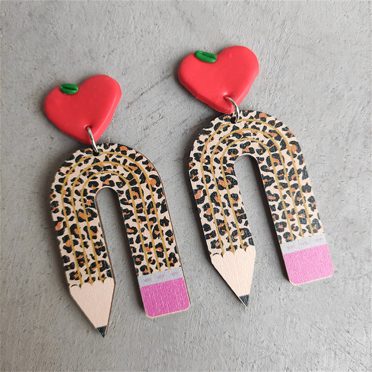 Brown Wood and Acrylic Silver-Plated Heart Leopard Pencil Drop Earrings, silver drop earrings for women, front view