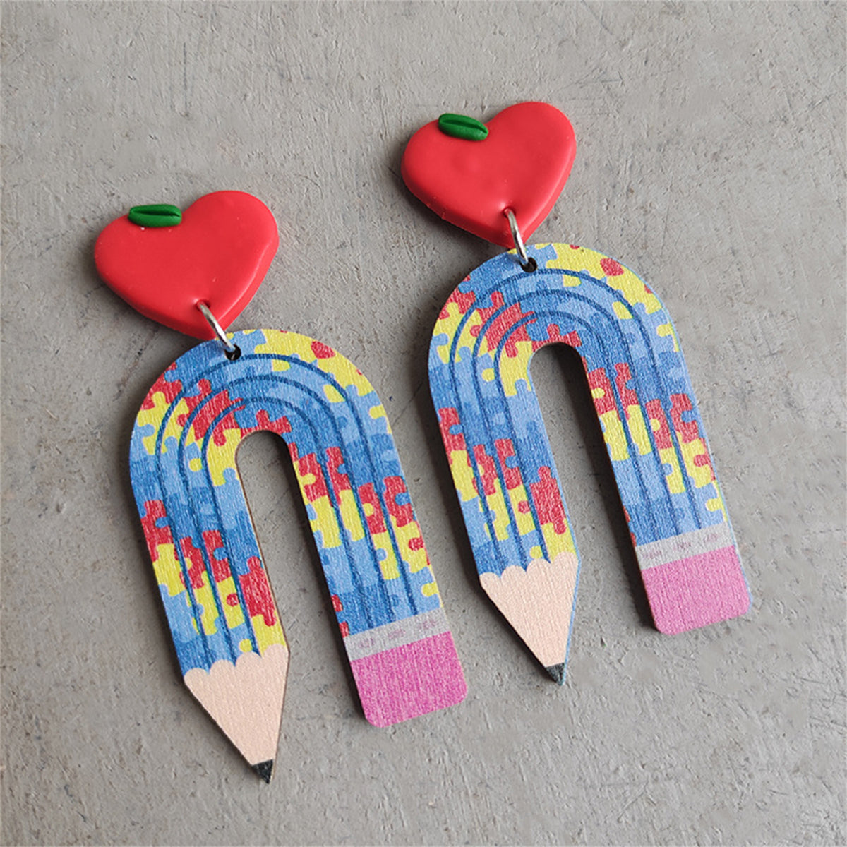 Blue and Red Acrylic Heart Pencil Drop Earrings, drop earrings for women, everyday style, front view