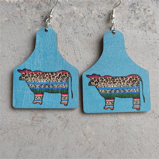 Blue Wood and Silver-Plated Leopard Cattle Drop Earrings, silver drop earrings for women, front view