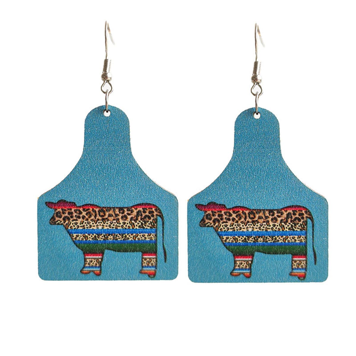 Blue Wood and Silver-Plated Leopard Cattle Drop Earrings, silver drop earrings for women, dainty minimalist design, side view
