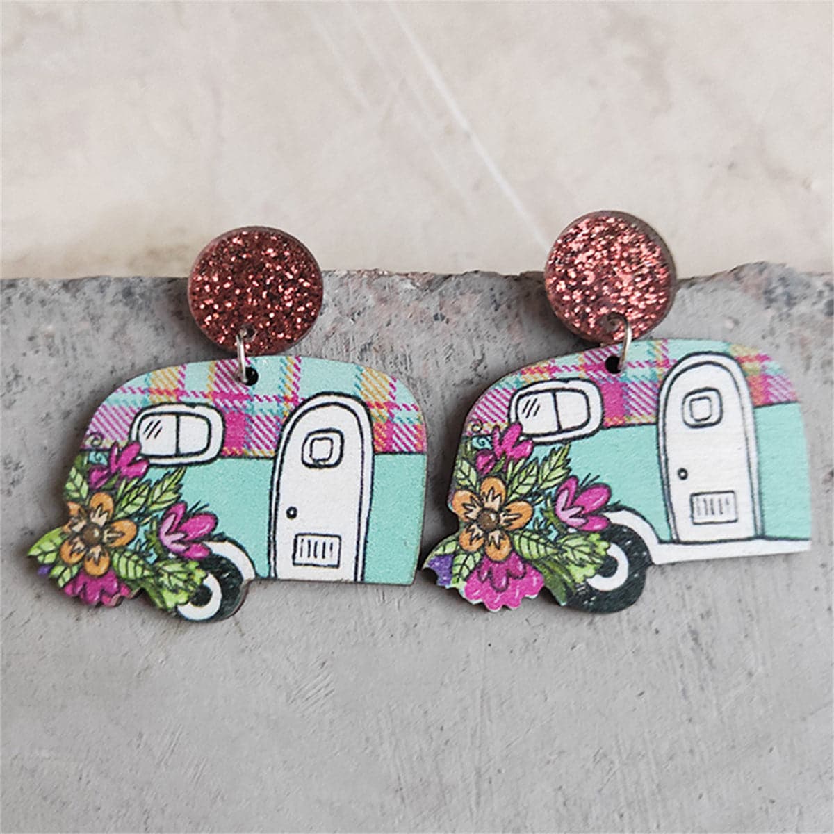 Pink and Blue Floral Camper Glitter-Accent Drop Earrings, drop earrings for women, botanical inspired, front view