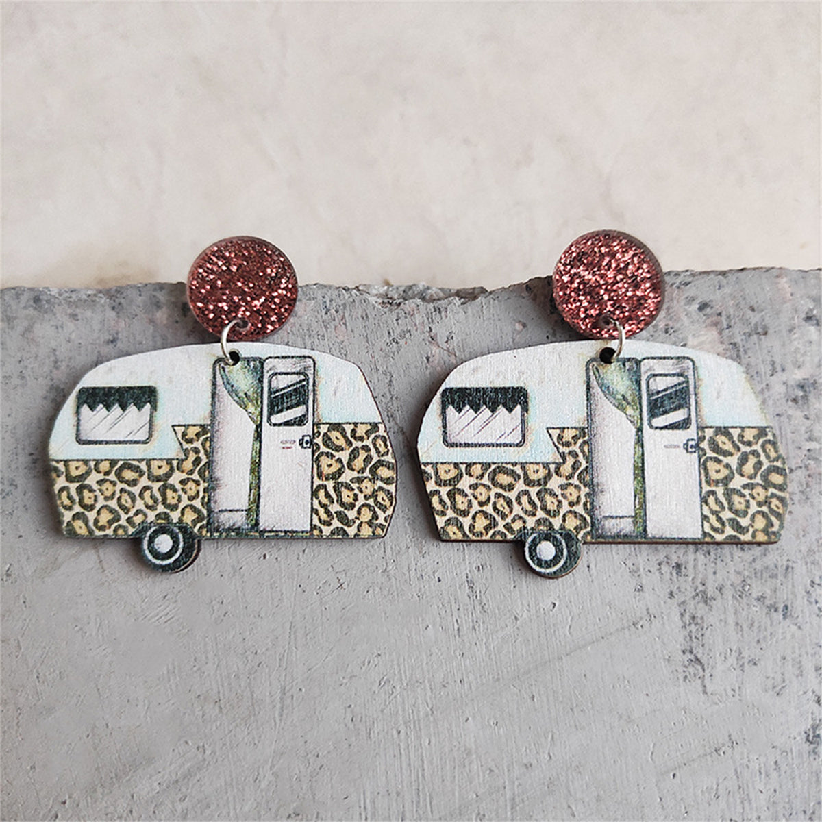 White and Brown Leopard Camper Glitter-Accent Drop Earrings, drop earrings for women, elegant gift for her, front view