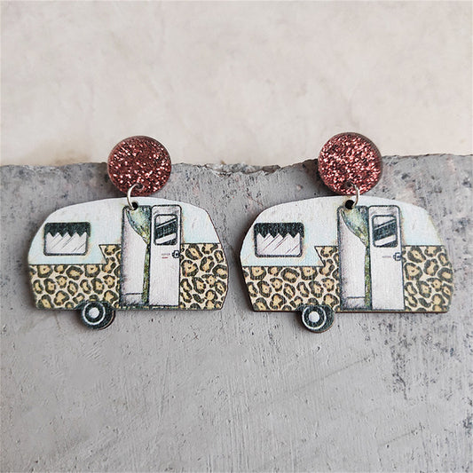 White and Brown Leopard Camper Glitter-Accent Drop Earrings, drop earrings for women, elegant gift for her, front view