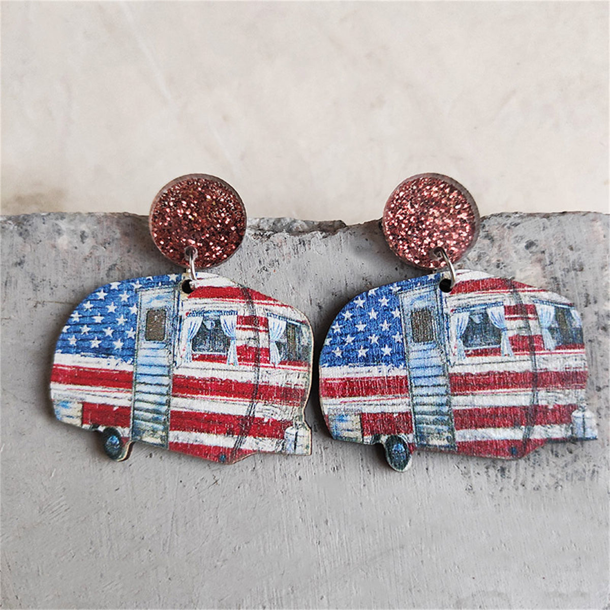 Red and Blue Stars and Stripes Camper Glitter-Accent Drop Earrings, drop earrings for women, elegant gift for her, front view