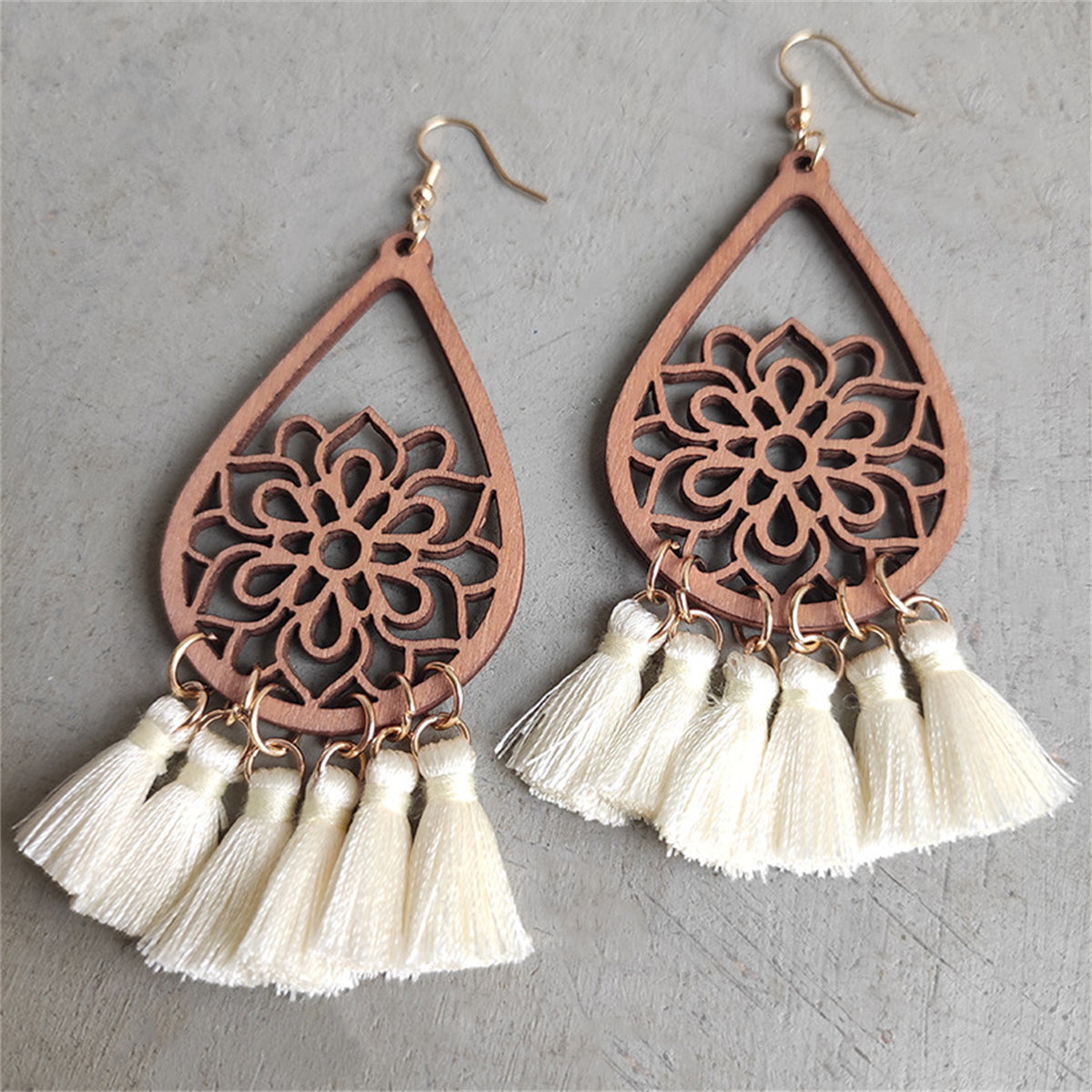 White and Wood Lotus Tassel Teardrop Earrings, drop earrings for women, everyday style, side view