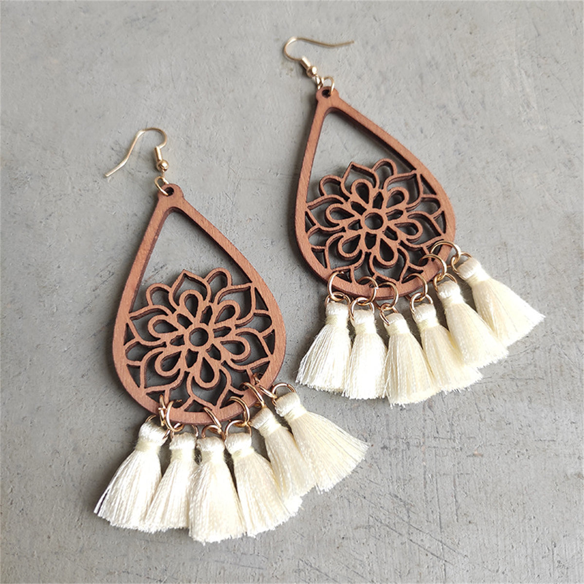 White and Wood Lotus Tassel Teardrop Earrings, drop earrings for women, everyday style, front view