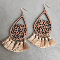 Beige & Wood Lotus Tassel Drop Earrings