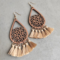 Beige & Wood Lotus Tassel Drop Earrings