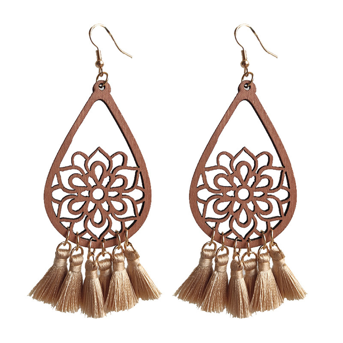 Beige & Wood Lotus Tassel Drop Earrings
