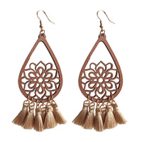 Beige & Wood Lotus Tassel Drop Earrings