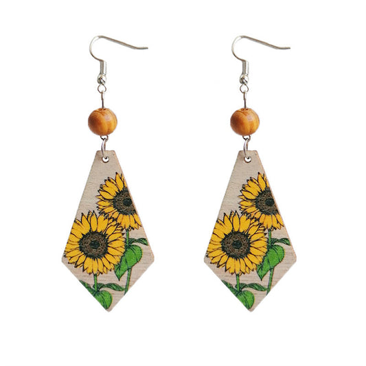 Yellow and Brown Sunflower Rhombus Drop Earrings, drop earrings for women, elegant gift for her, front view