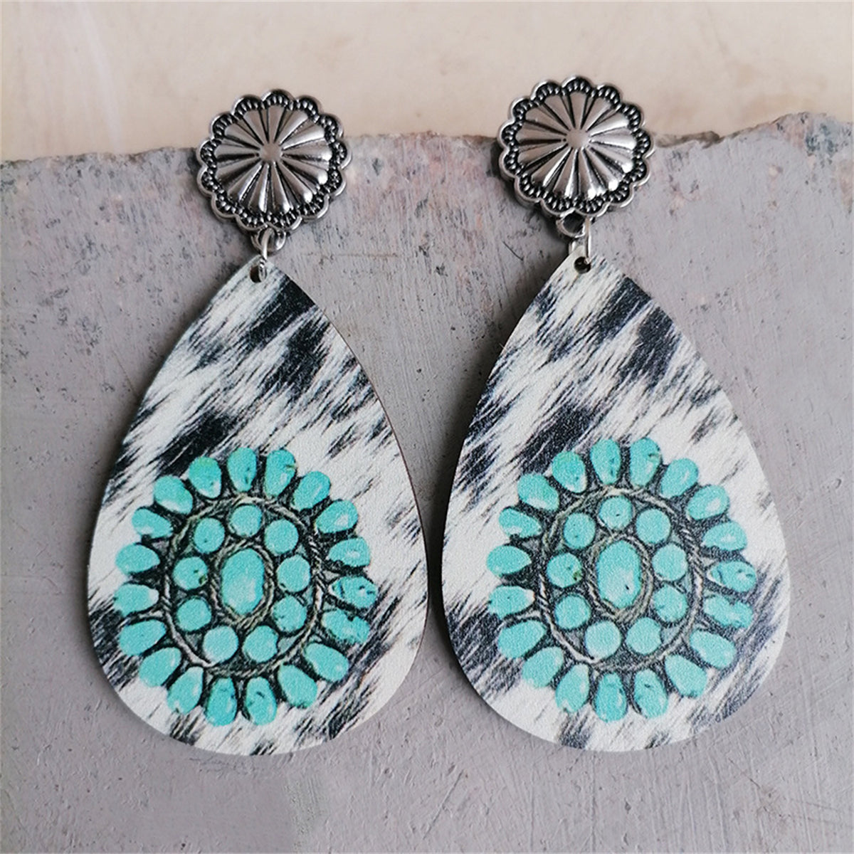 White Wood and Silver-Plated Drop Earrings, silver drop earrings for women, vintage-inspired design, front view