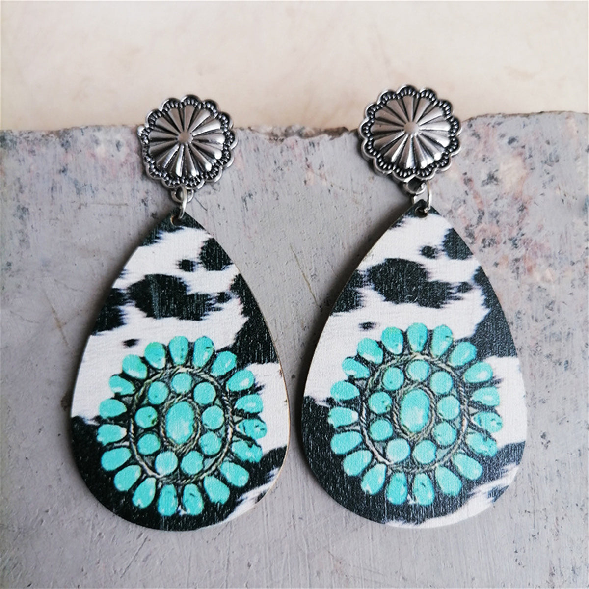 Black Wood and Silver-Plated Drop Earrings, silver drop earrings for women, botanical inspired, front view