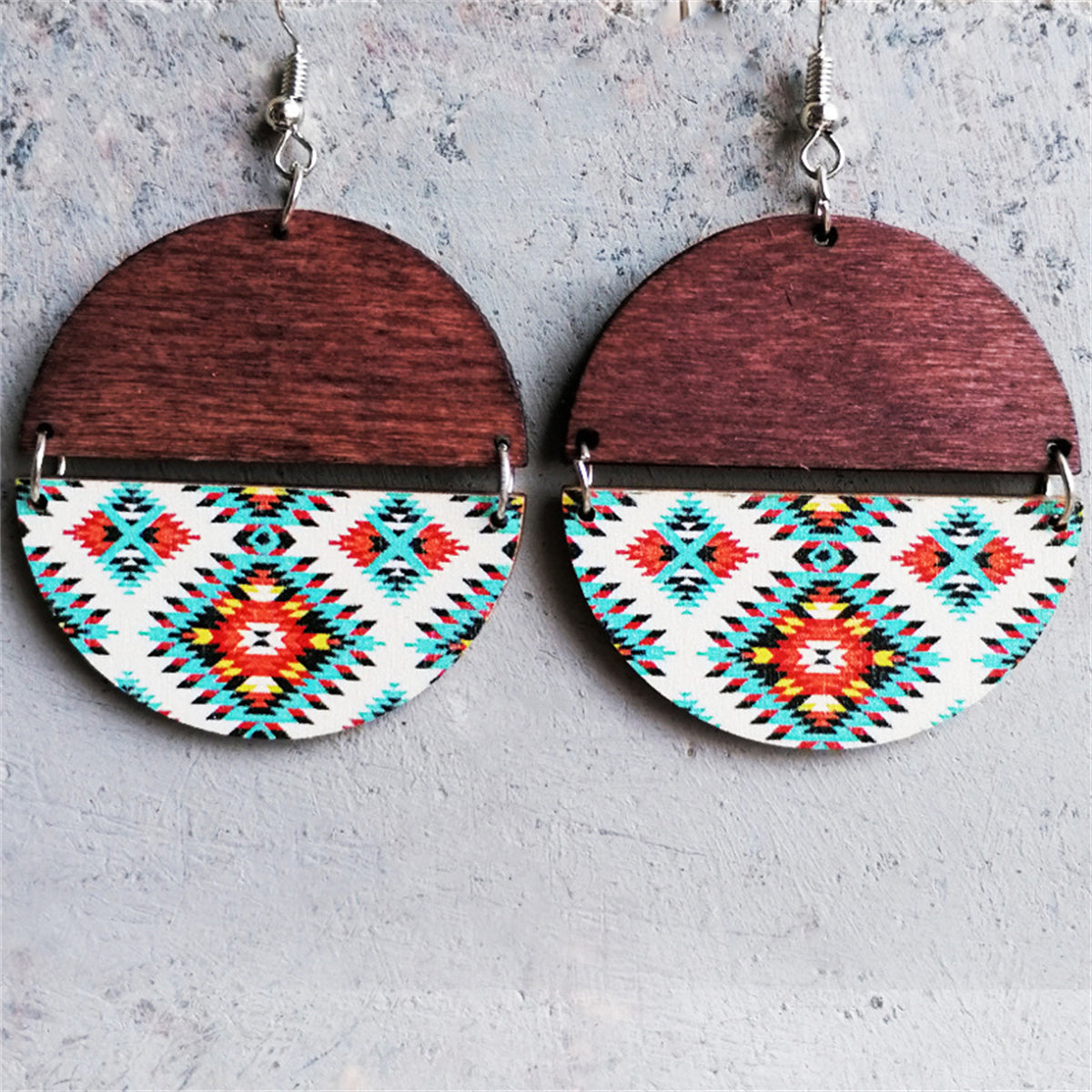 White Multicolor Wood and Silver-Plated Round Drop Earrings, silver drop earrings for women, everyday style, front view