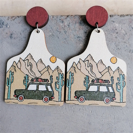 White and Beige Western Road Wood Drop Earrings, drop earrings for women, vintage-inspired design, front view