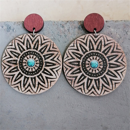 Wood and Silver-Plated Lotus Round Drop Earrings, silver drop earrings for women, everyday style, front view