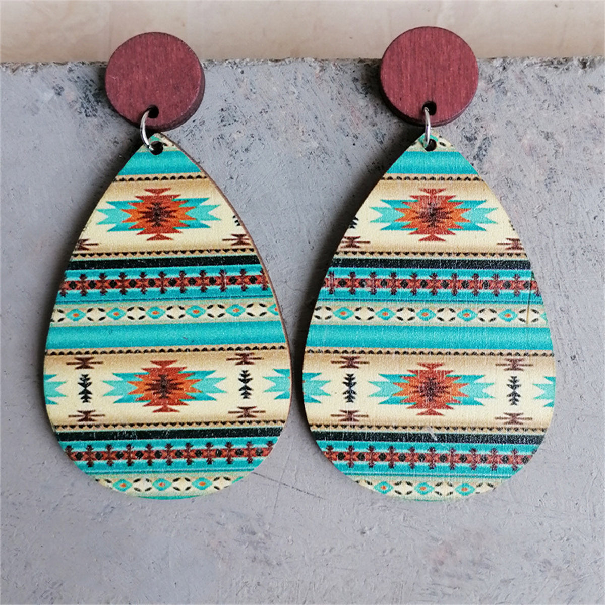 Green and Red Wood Geometric Teardrop Earrings, drop earrings for women, vintage-inspired design, side view